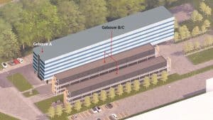 Het witte gebouw is gebouw A - de tijdelijk woningen zijn gebouw B en C. 
