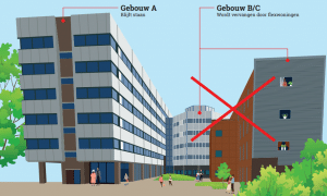 afbeelding ter illustratie. u ziet een groot gebouw met een kruis door de rechtervleugel.